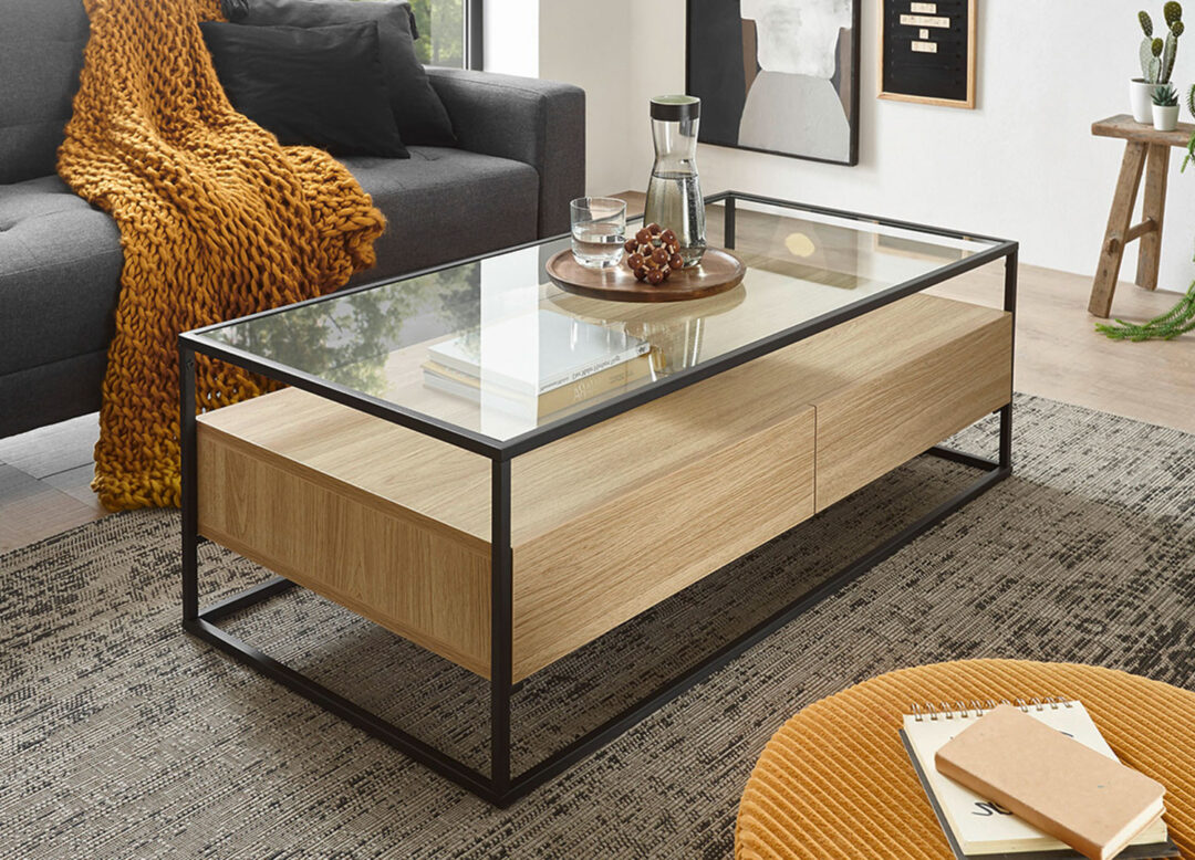 Table basse rectangulaire bois et verre