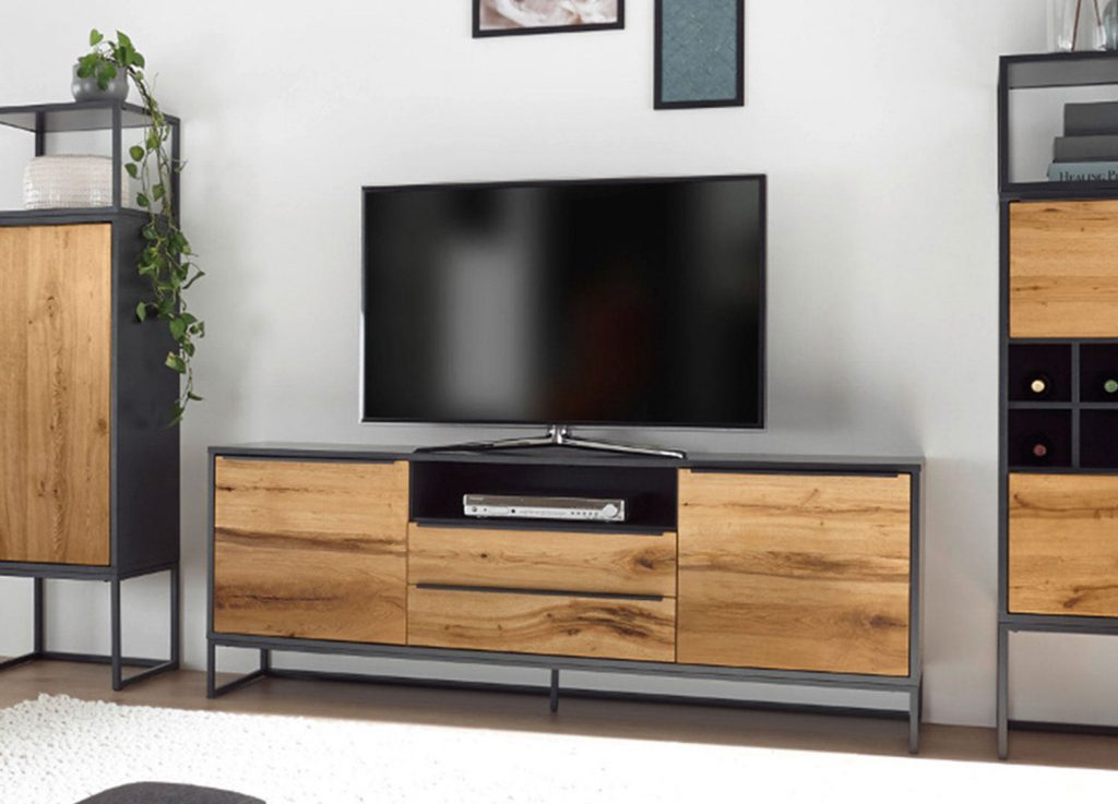 Meuble télé bois plaqué chêne et gris