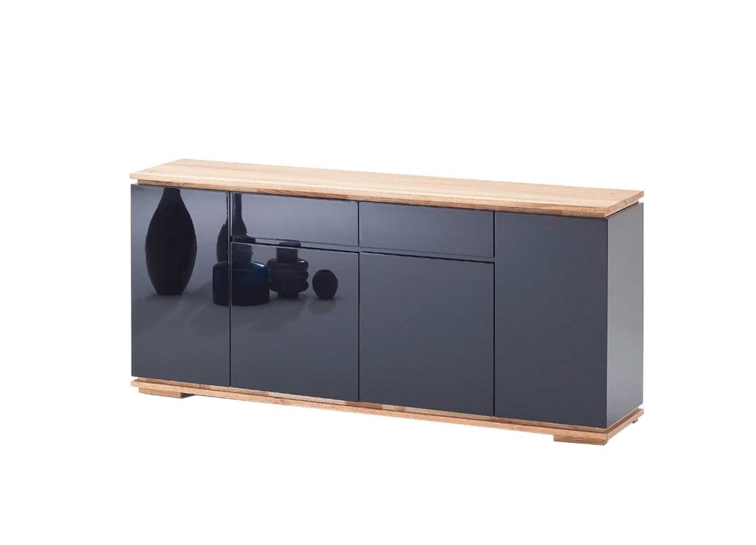 buffet long moderne noir laqué avec plateau en bois massif