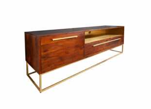 meuble tv bois acacia laqué marron et métal doré
