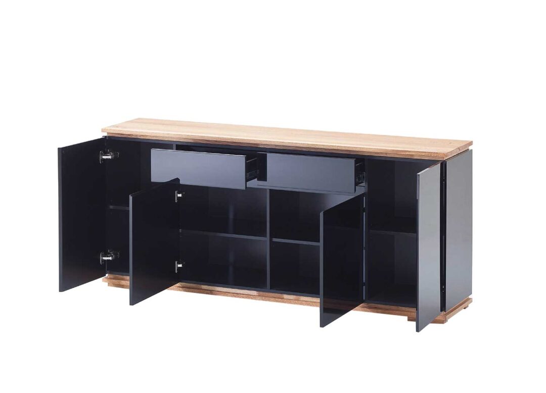 buffet long moderne noir laqué avec plateau en bois massif