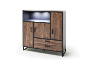 Buffet haut bois foncé et métal gris anthracite