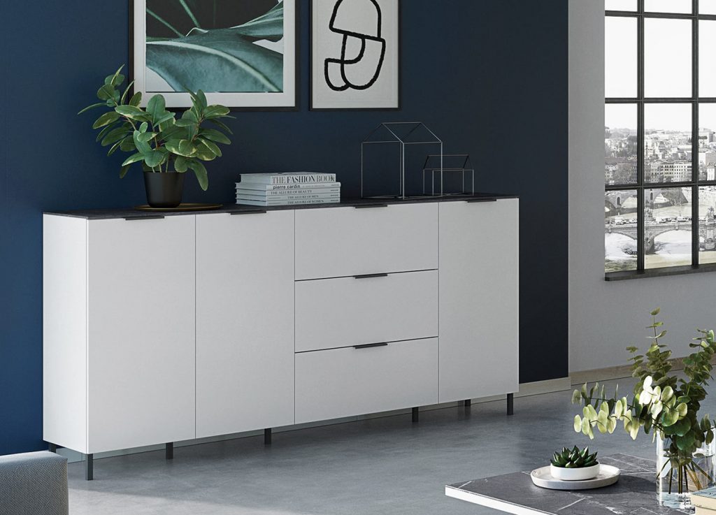 Long buffet en bois blanc et gris design