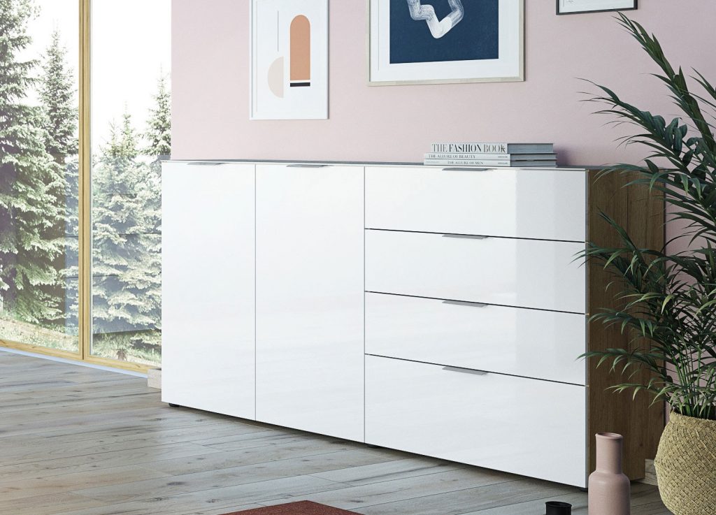 Grand meuble buffet blanc chêne et verre