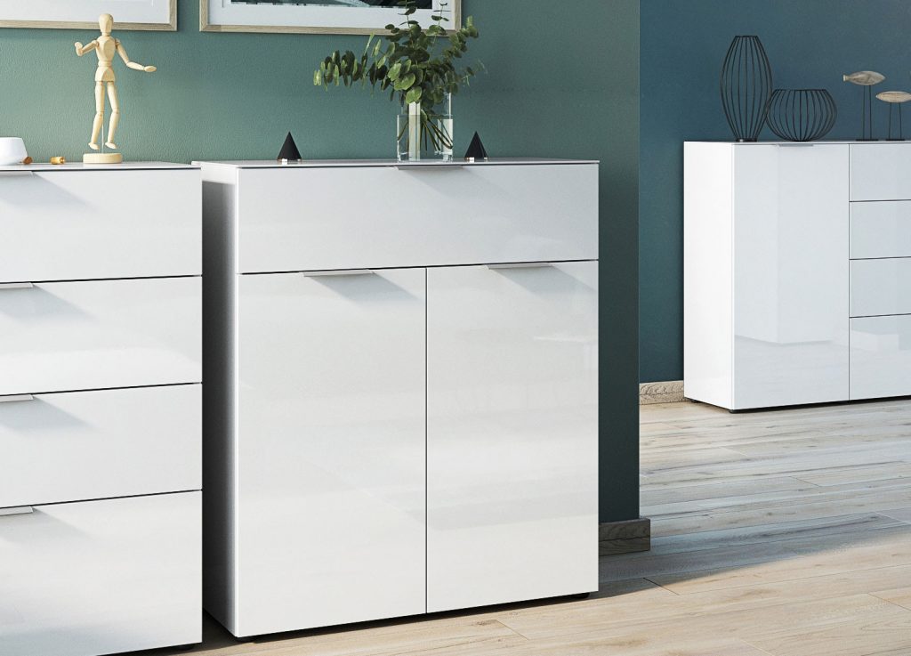Meuble commode blanc et verre