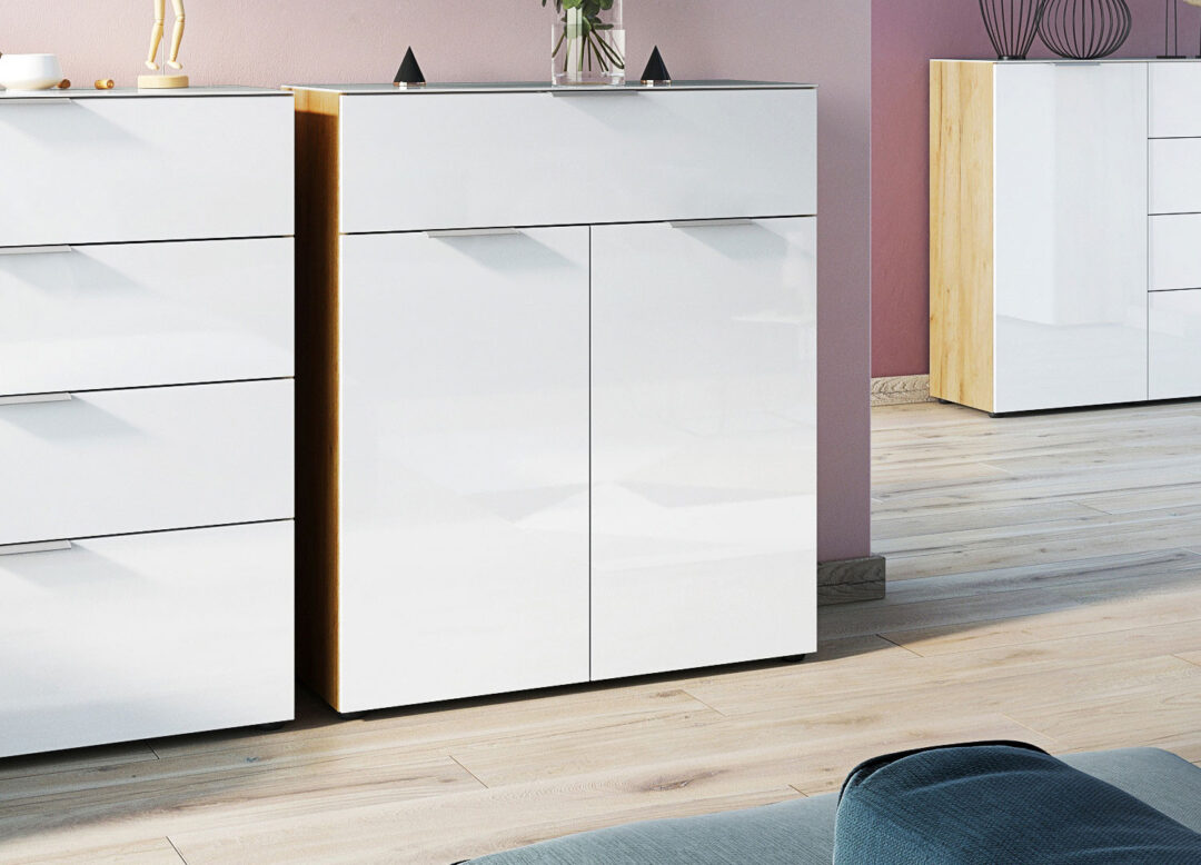 Meuble commode bois et verre blanc