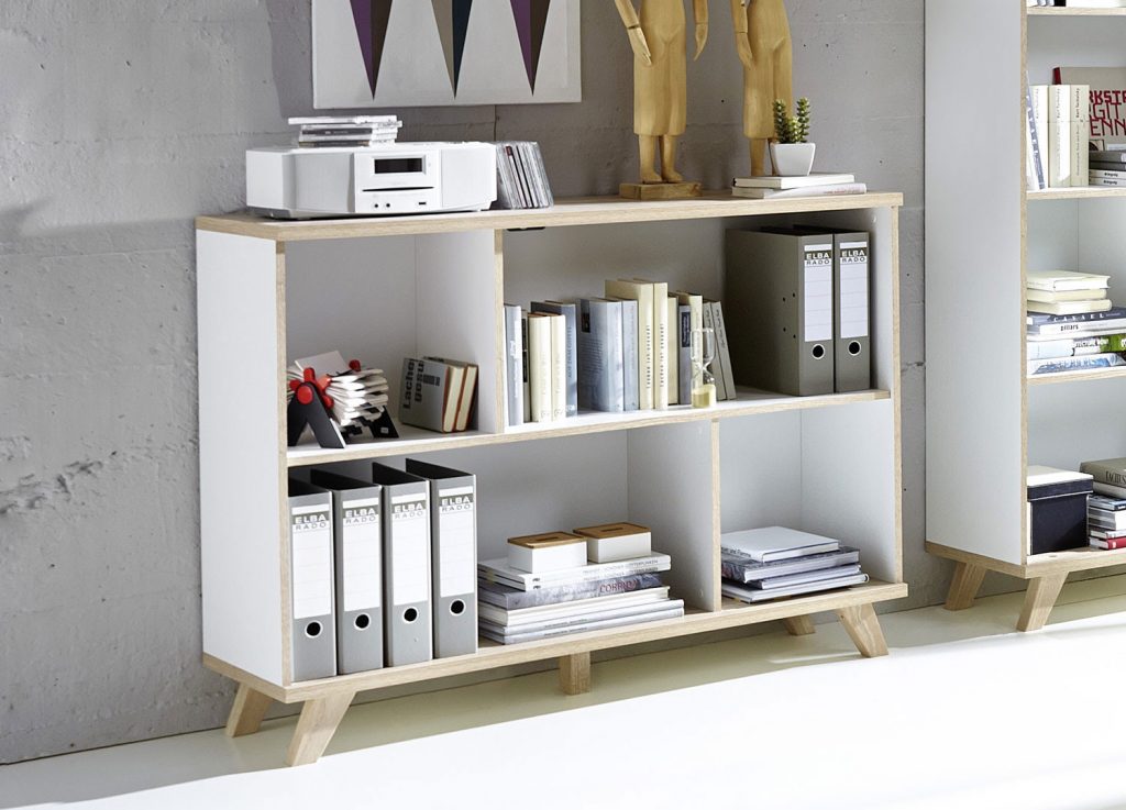 Meuble bas de rangement bois et blanc laqué mat