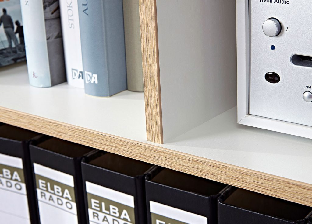 Meuble bas de rangement bois et blanc laqué mat