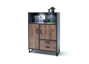 Buffet haut en bois chêne foncé et gris anthracite