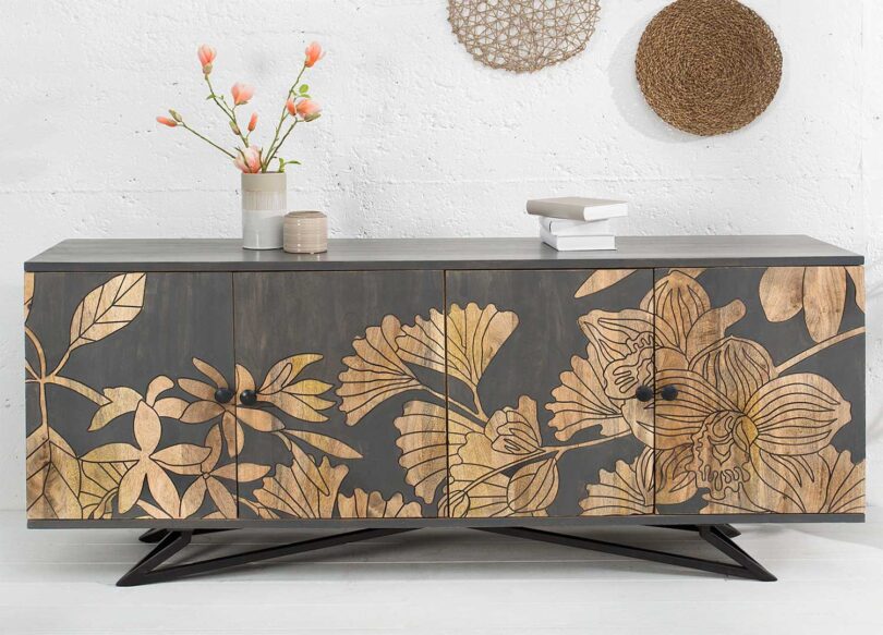 Meuble buffet en bois massif de manguier peint en gris naturel moderne