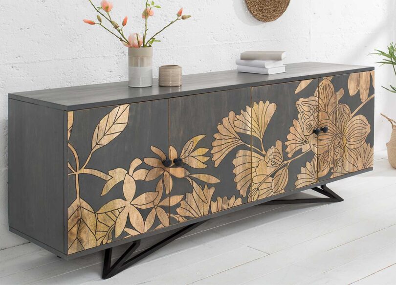 Meuble buffet en bois massif de manguier peint en gris naturel moderne