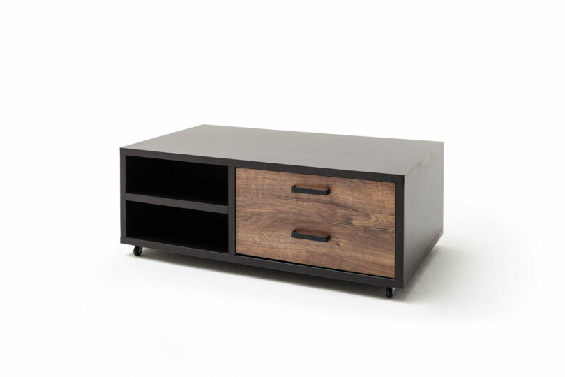 Table de salon industrielle en bois et métal avec tiroirs et niches