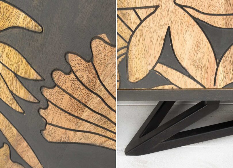 Zoom sur les sculptures du buffet en bois de manguier peint