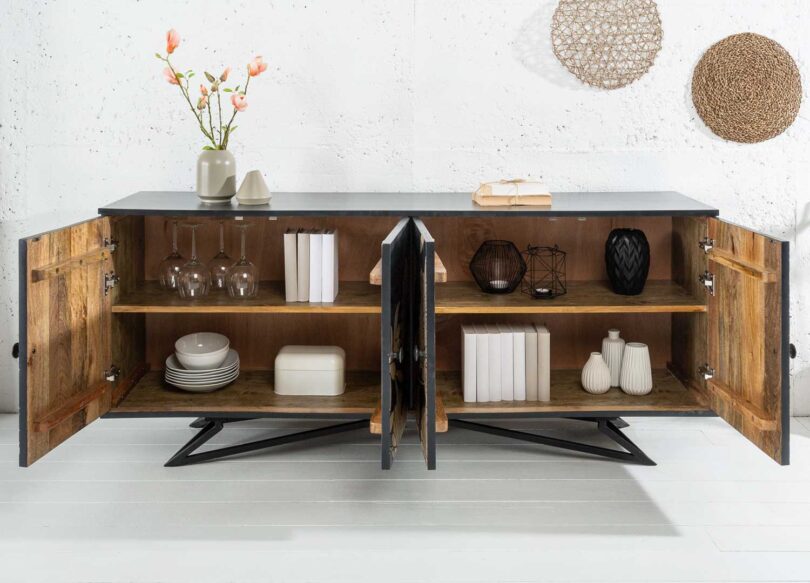 Ouverture du Meuble mbuffet en bois massif de manguier peint en gris naturel moderne
