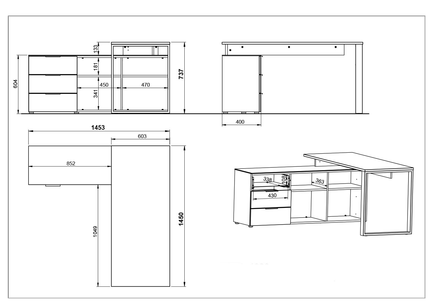 Bureau d'angle moderne avec rangement blanc/graphite Riberia