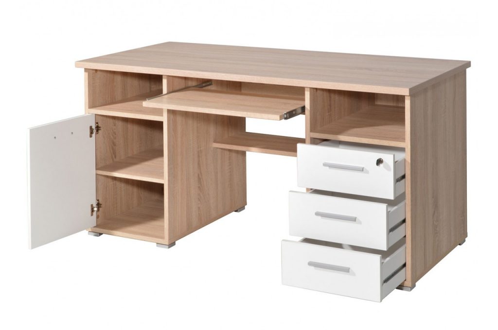 Bureau avec rangements chêne blanchi et blanc
