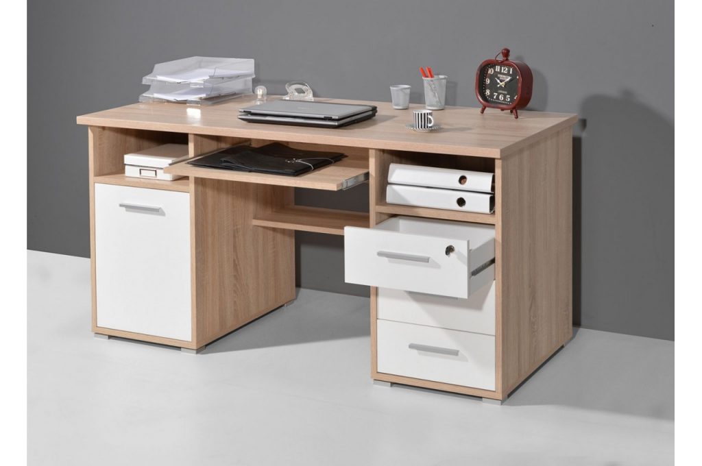 Bureau avec rangements chêne blanchi et blanc