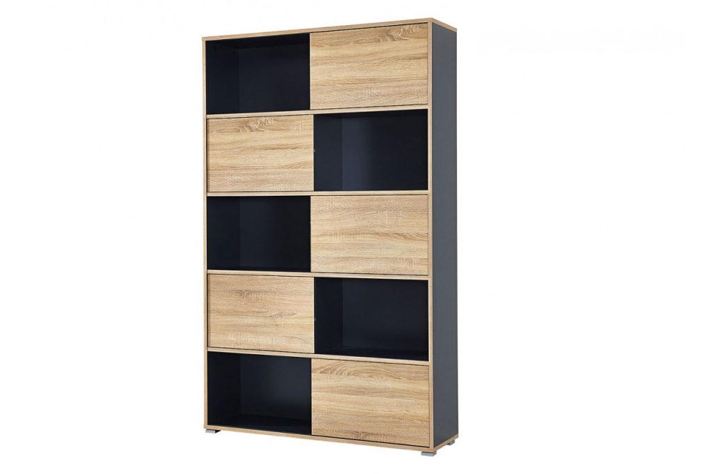 Meuble bibliothèque de rangement bois et gris