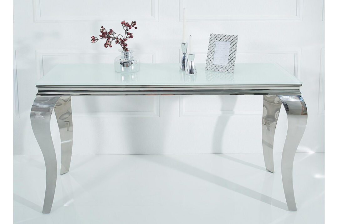 Meuble console en verre blanc et pied acier inox