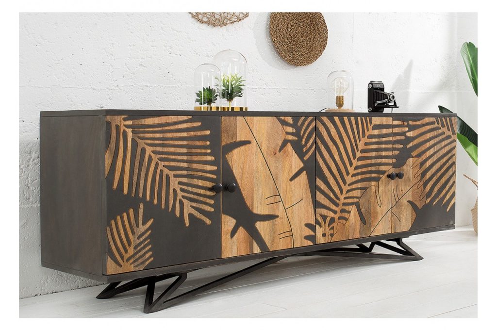 Meuble buffet bois massif ornement feuilles