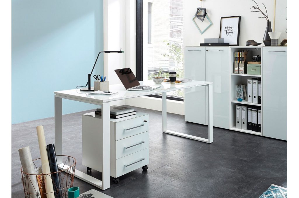 Bureau bois laqué blanc et verre blanc design