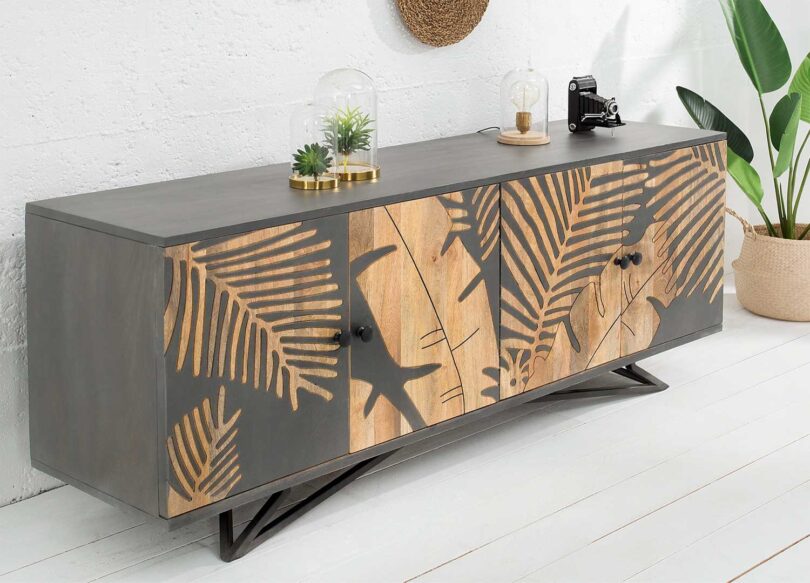 Buffet 4 portes en bois de manguier massif peint en gris décor tropical