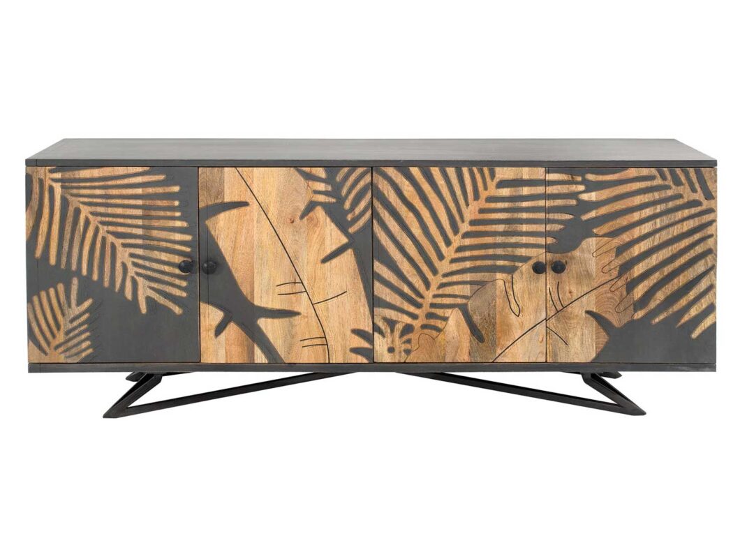 Buffet 4 portes en bois de manguier massif peint en gris décor tropical