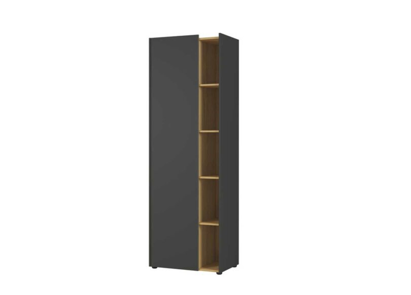 armoire de rangement haute gris et décor chêne