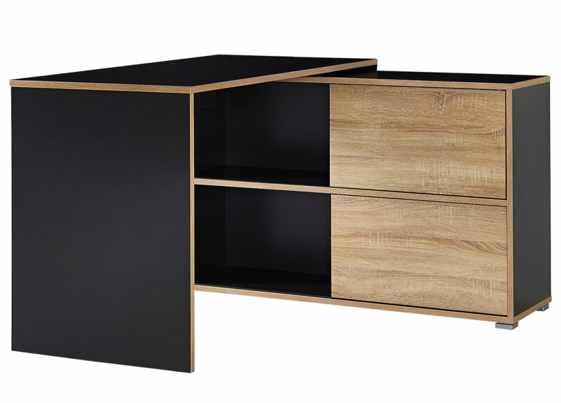 bureau angle et rangement porte réversible bois et gris