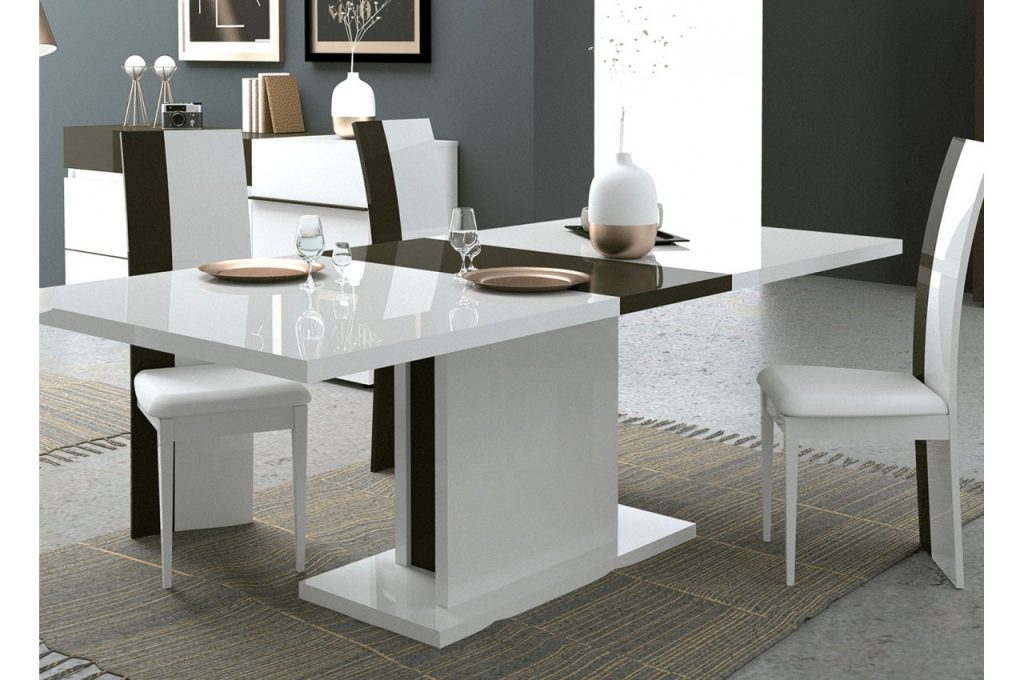 Table repas blanche avec allonge centrale grise