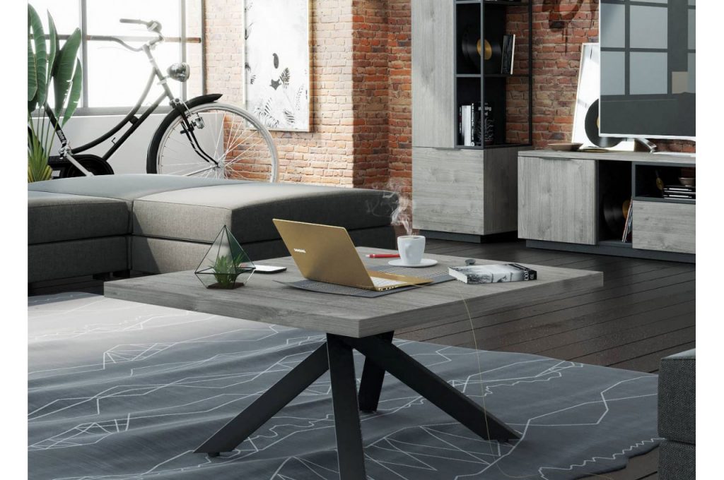 Table de salon bois grisé et noir industriel