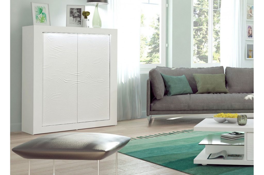 Meuble haut de rangement laqué blanc avec LED