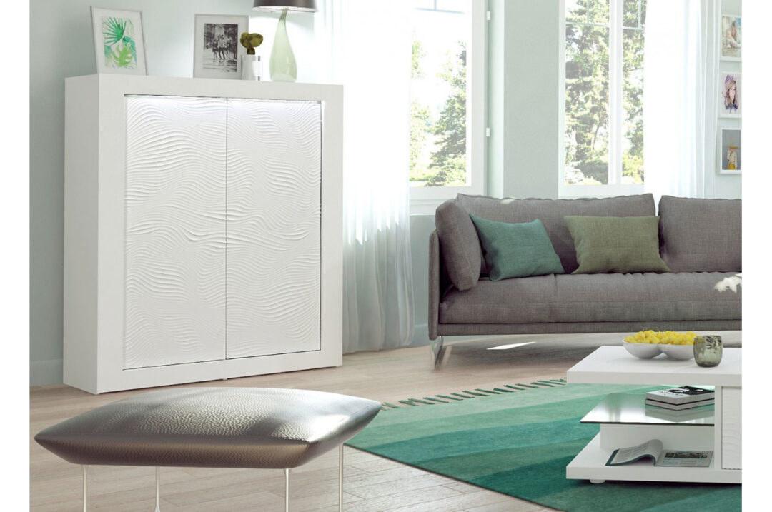 Meuble haut de rangement laqué blanc avec LED