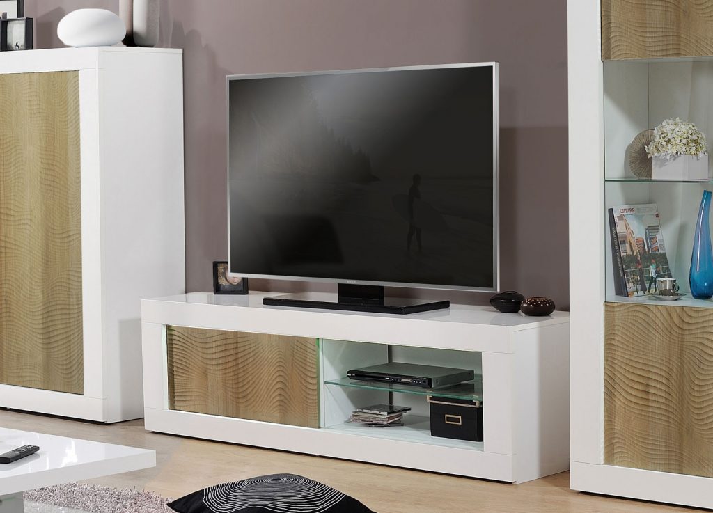 Meuble TV porte coulissante blanc laqué et bois