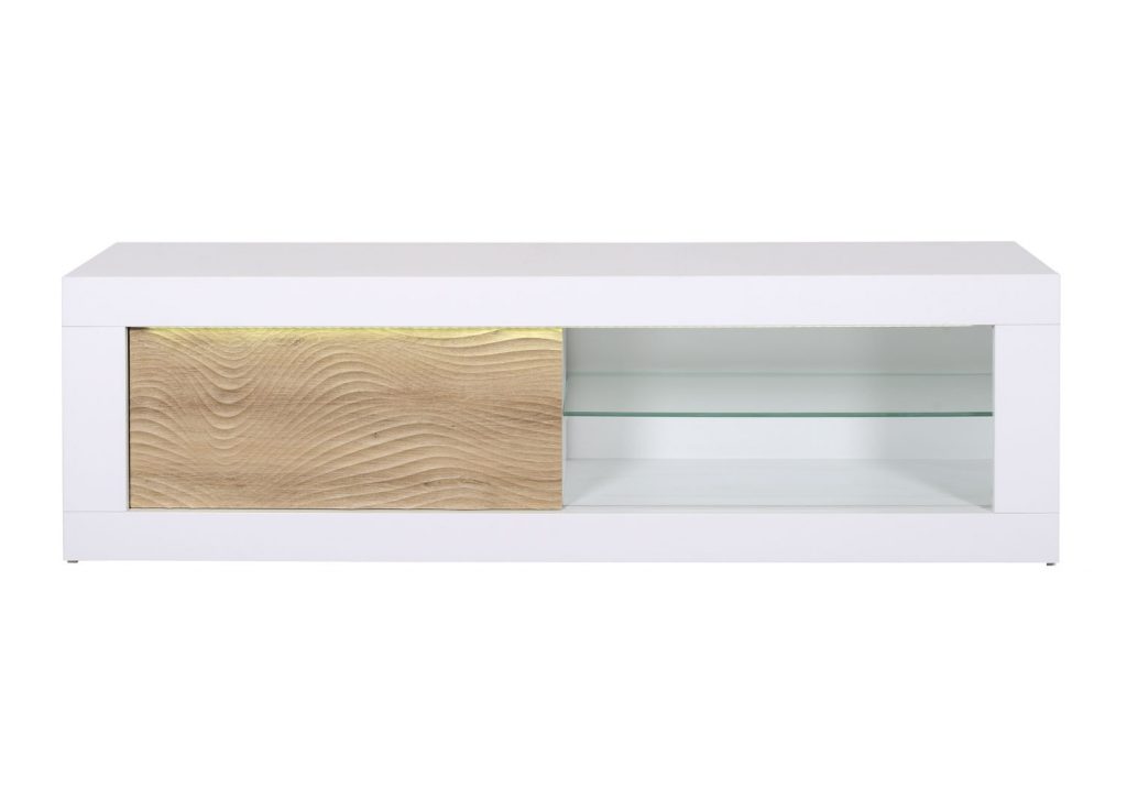 Meuble TV porte coulissante blanc laqué et bois