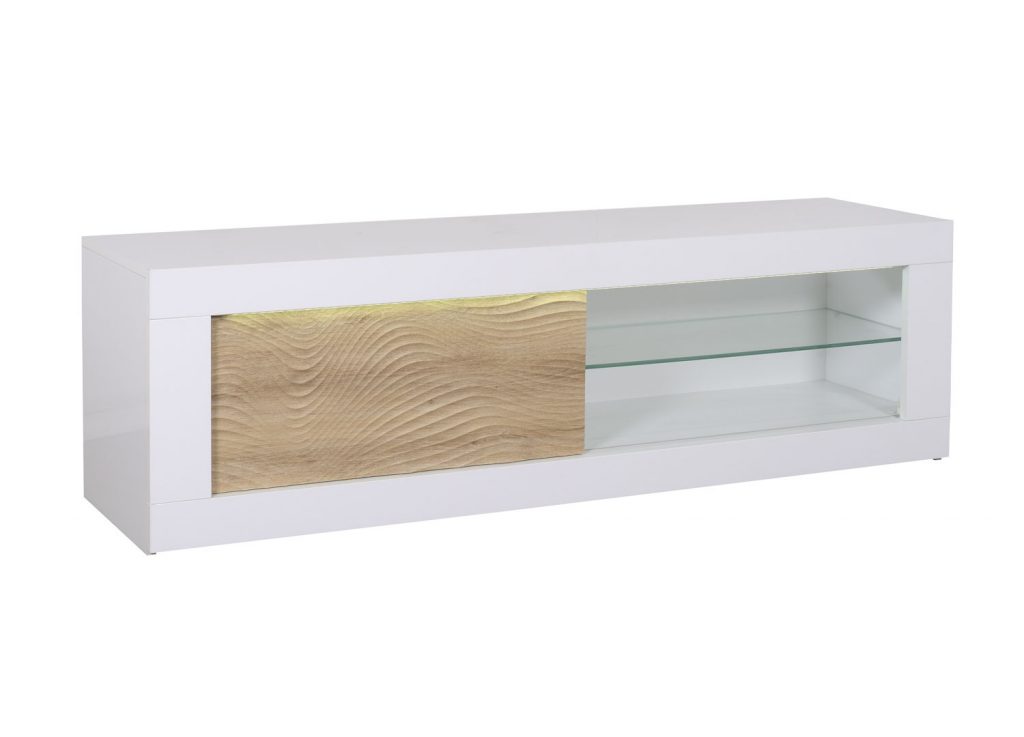 Meuble TV porte coulissante blanc laqué et bois