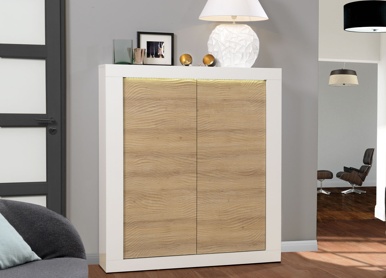 Meuble de rangement haut blanc et bois clair 3 portes L60 cm LEENA