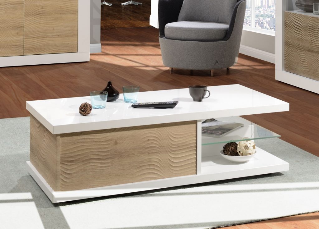 Table basse laquée blanc et bois avec tiroir