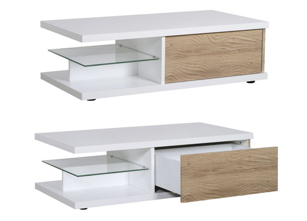 Table basse laquée blanc et bois avec tiroir
