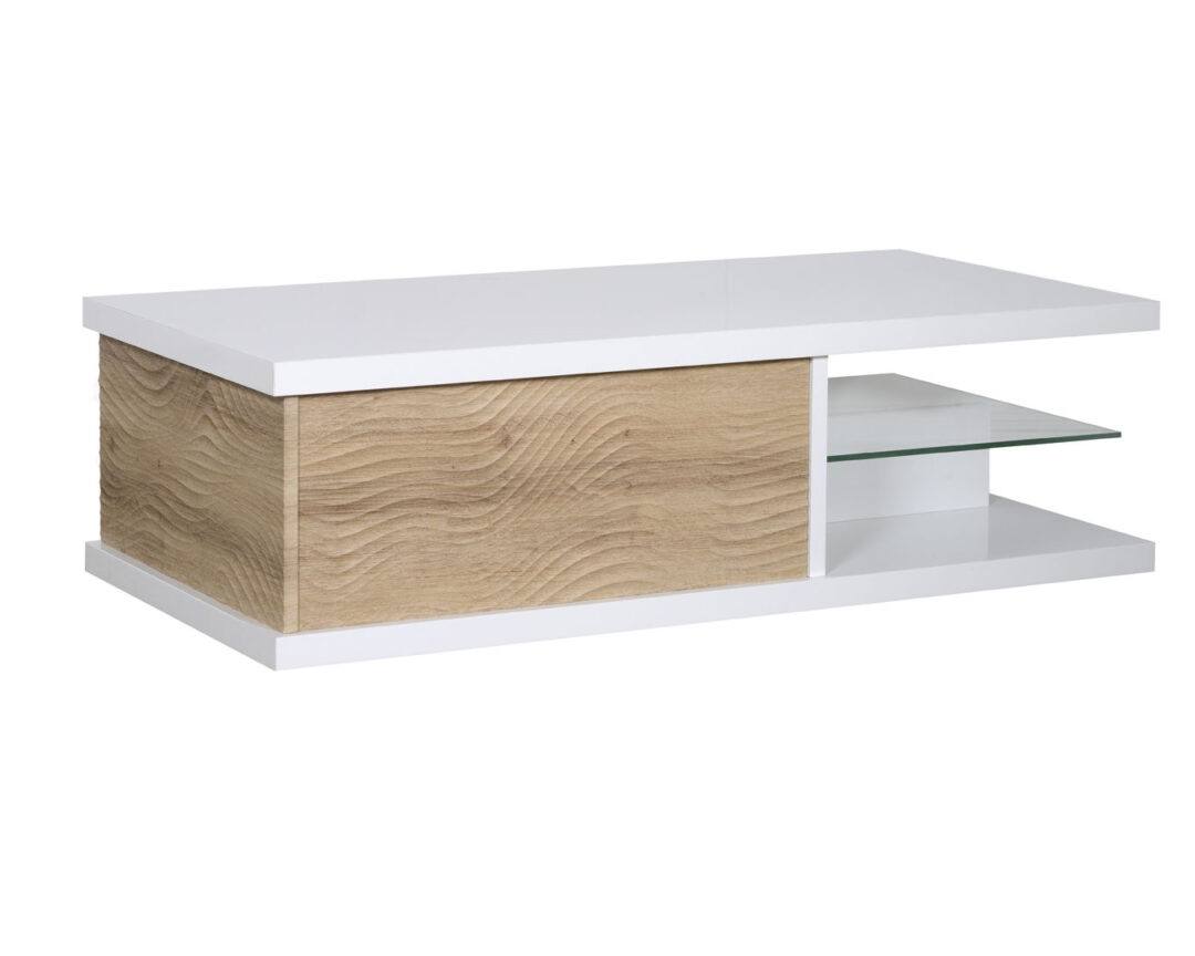 Table basse laquée blanc et bois avec tiroir