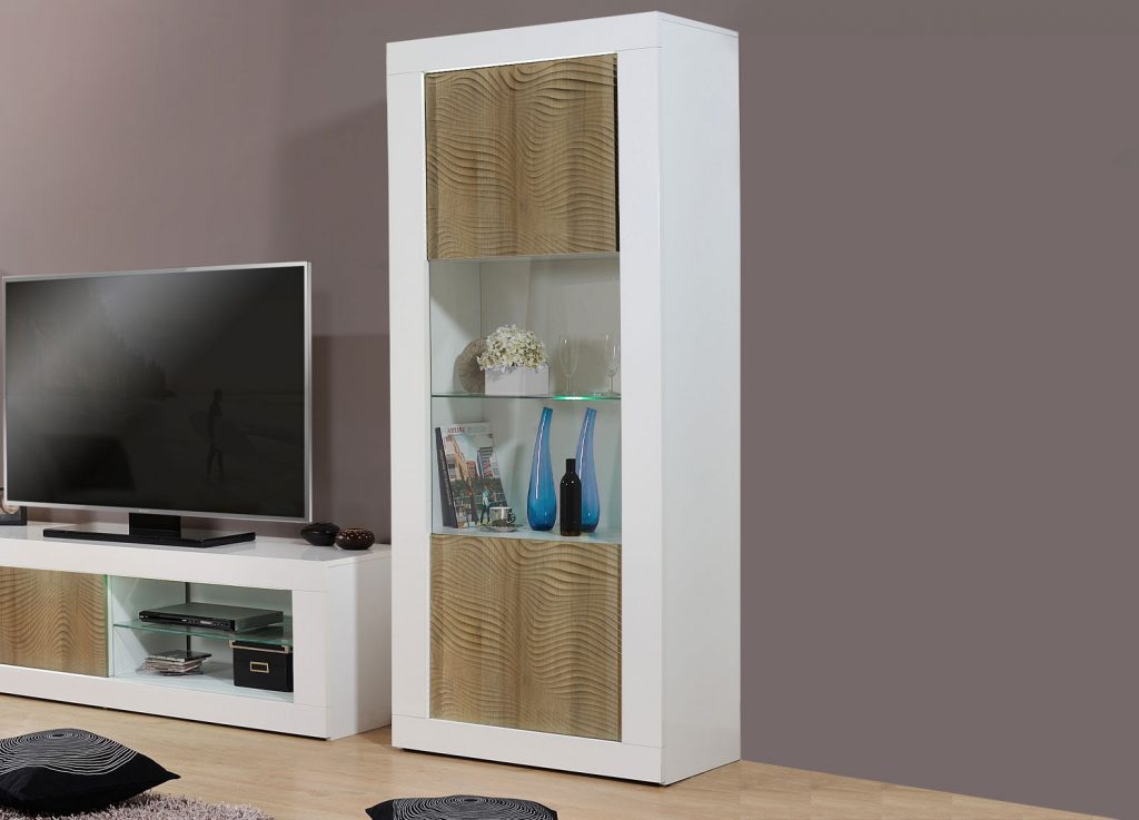 Meuble vitrine haut laqué blanc et bois avec LED