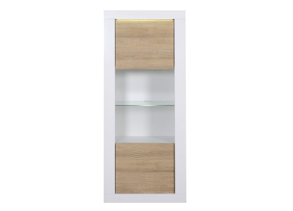 Meuble vitrine haut laqué blanc et bois avec LED