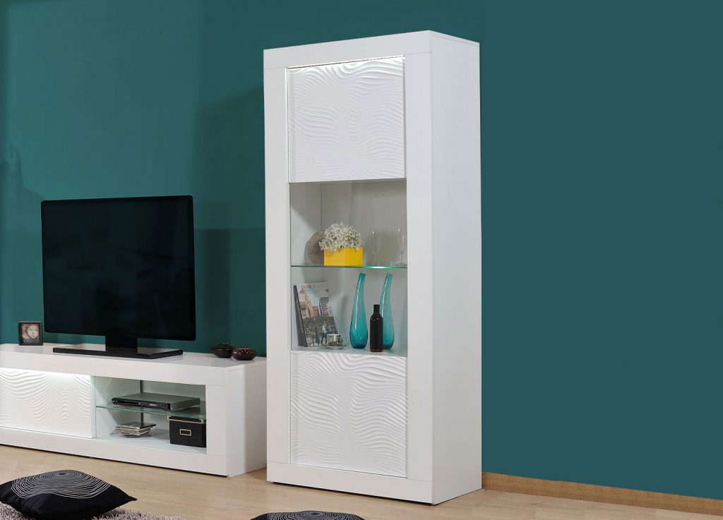 Vitrine haute laquée blanc avec LED pas chère