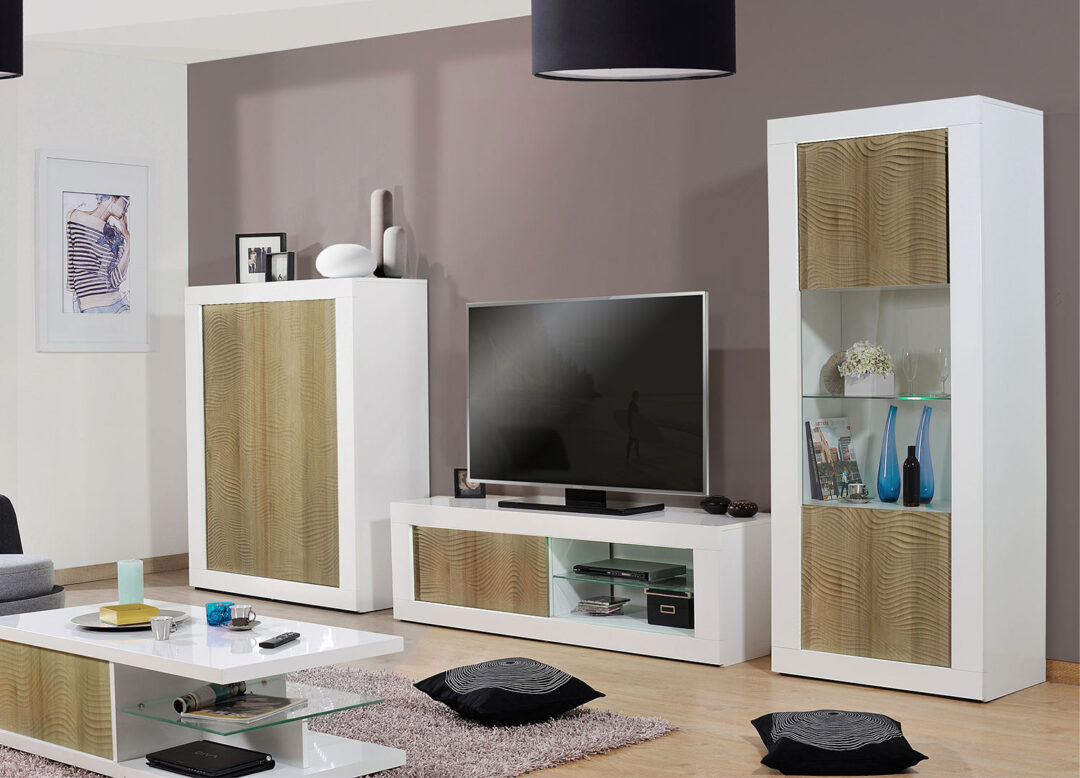 Ensemble tv moderne blanc laqué et bois