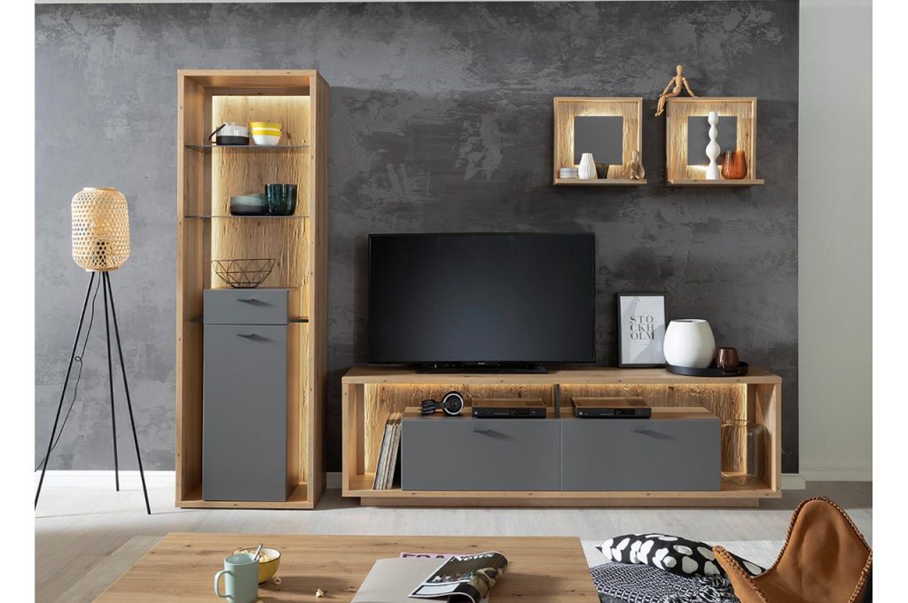 Ensemble de salon ton pierre et reliefs en bois