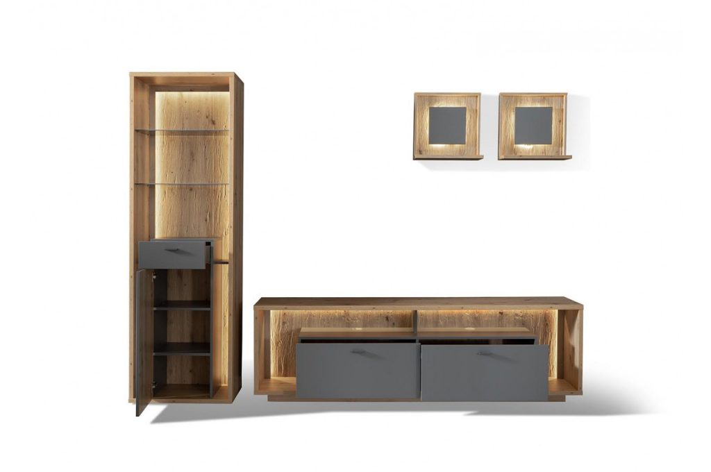 Ensemble de salon ton pierre et reliefs en bois
