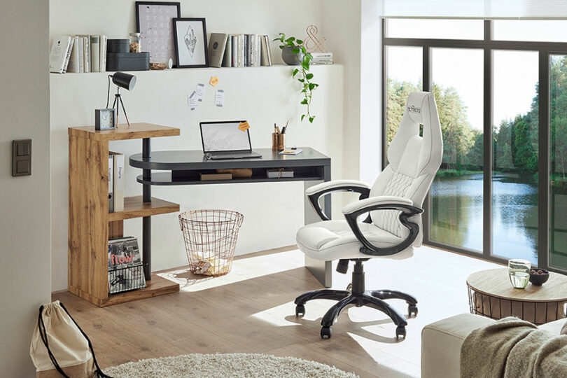 bureau design gris laqué mat et chêne