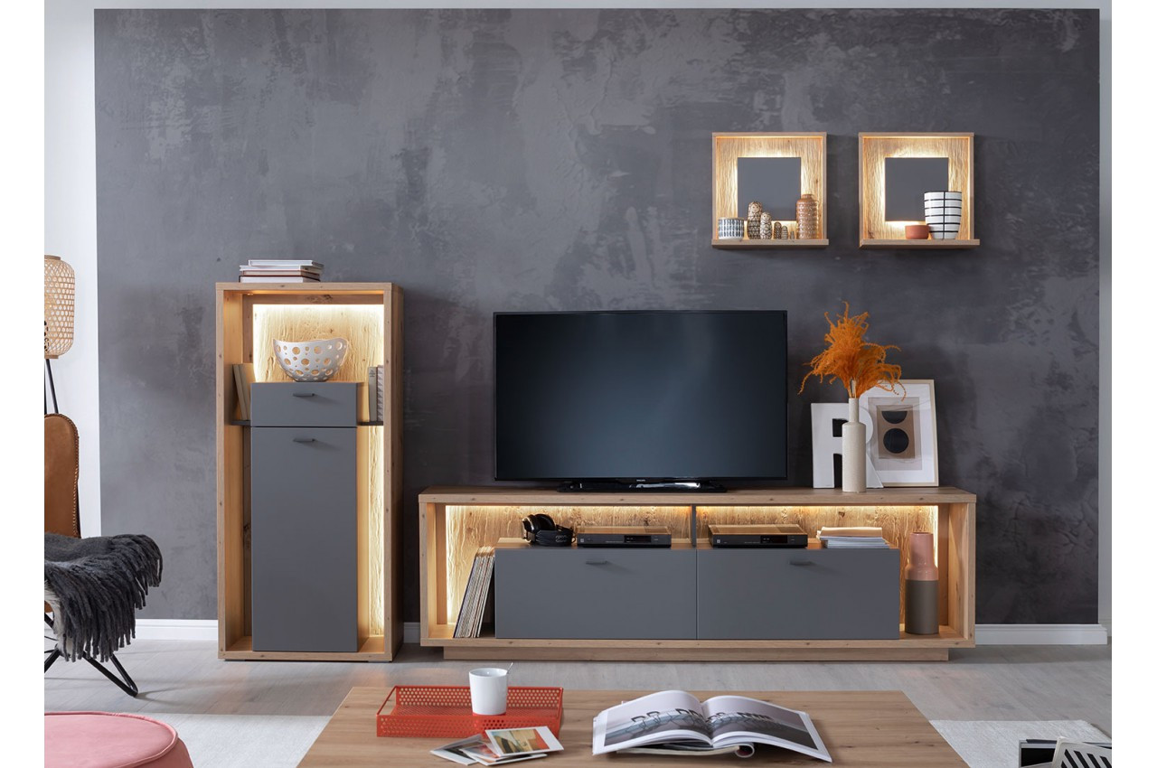 Composition meuble tv gris mat et reliefs en bois