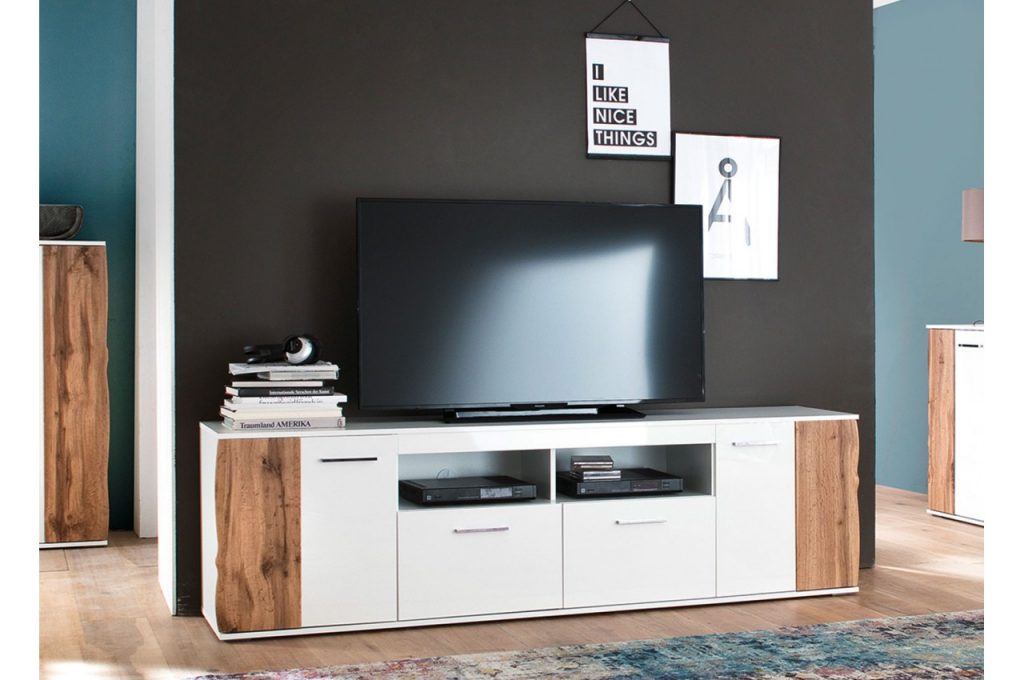 Meuble TV blanc mat et décor bois wotan