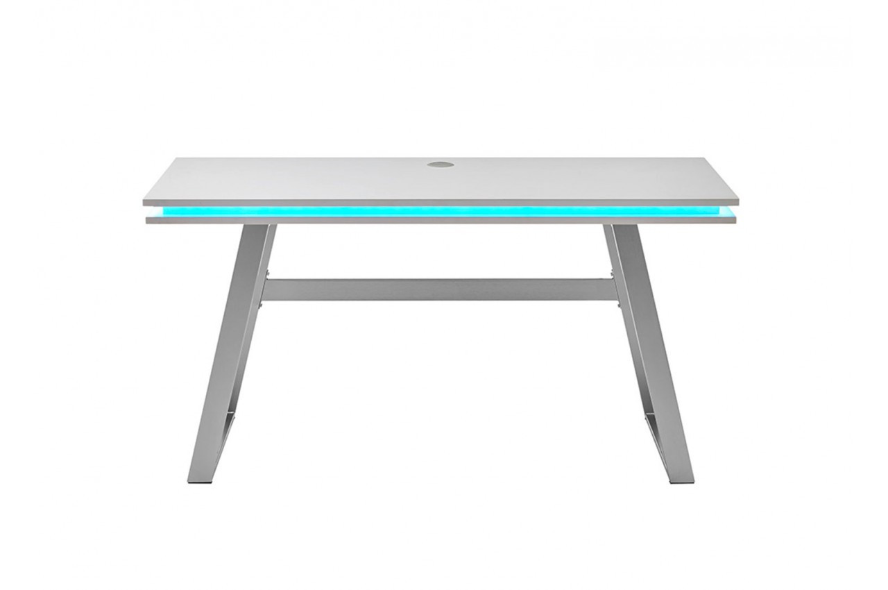 Bureau gamer blanc laqué 140 cm avec kit LED et prise USB